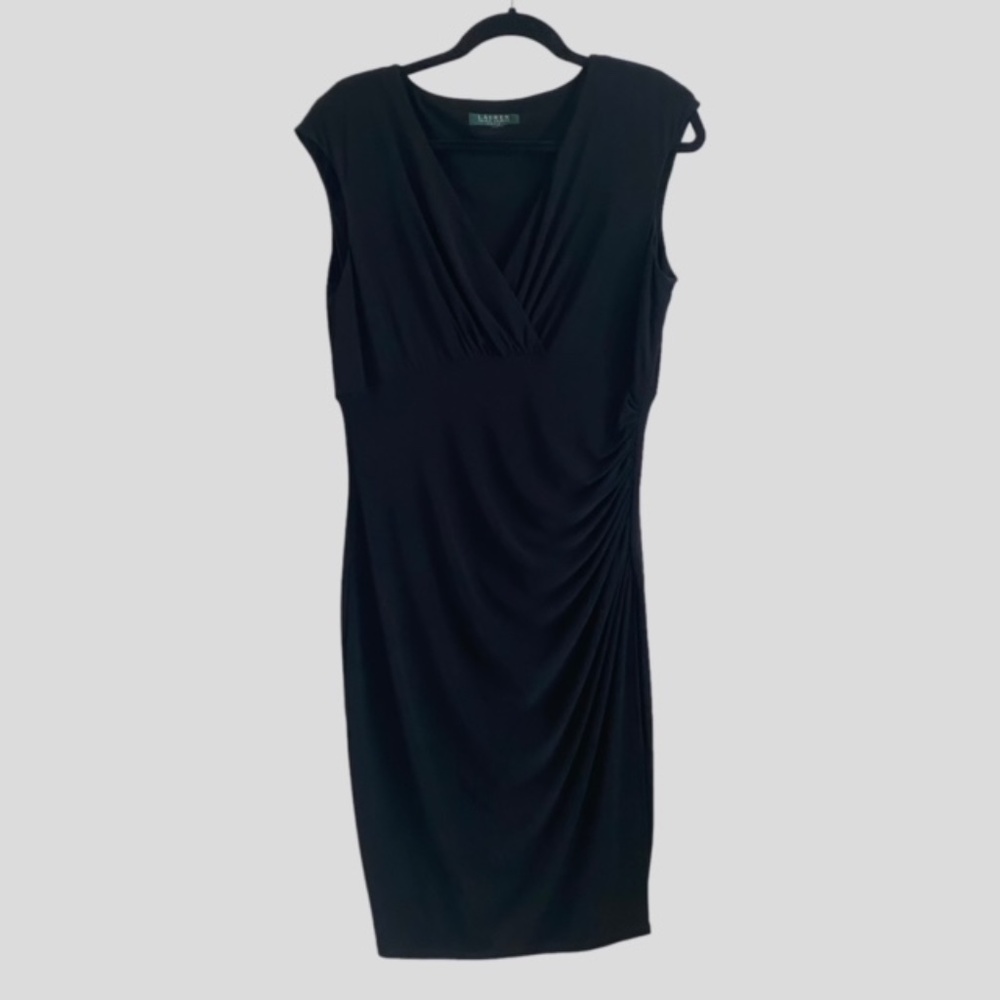 Ralph Lauren Black Tiered Midi Sleeveless Dress V-Neck Cocktail Party Size 10-12